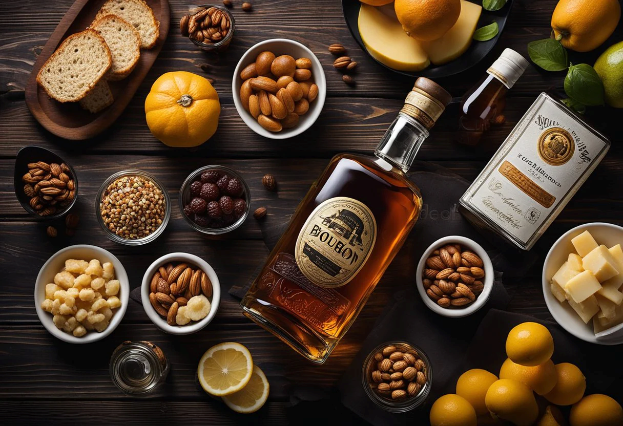 A top-down view of a table with a bottle of bourbon surrounded by various pairings such as nuts, cheese, fruit, and sliced bread